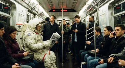 Astronaut on Subway Reading Newspaper