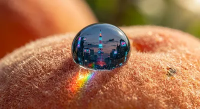 Macro Water Drop on Peach with Tokyo Tower