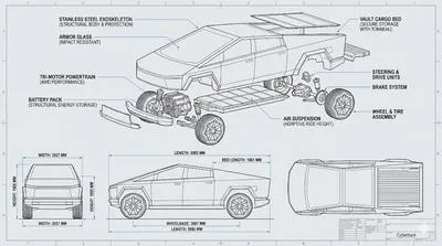 Cybertruck 3-View Technical Drawing